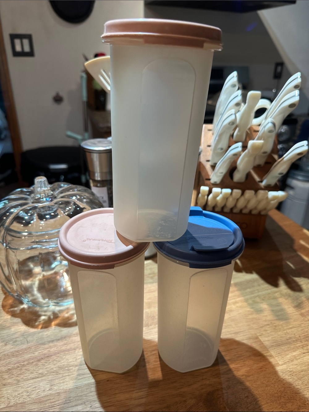 Set of 3 Tupperware Storage Canisters with Pink & Blue Lids complete 22 fl oz.ea